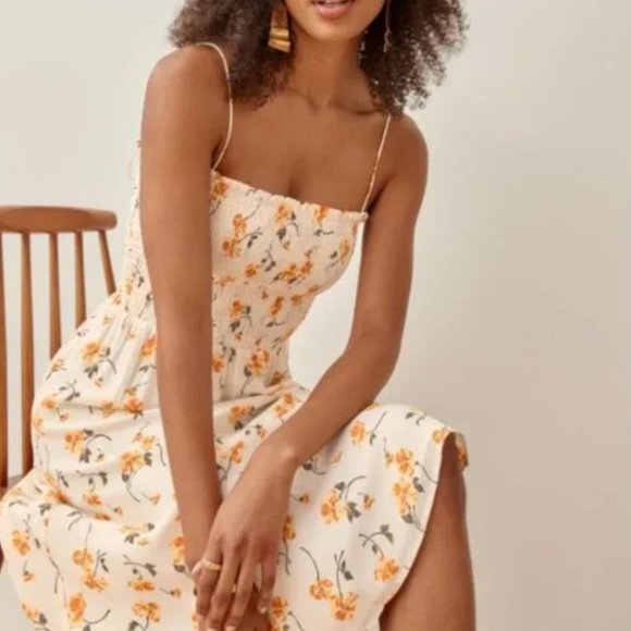 Reformation Sable Midi Dress Small Limo Orange Cream Floral Smoking Stretch - Picture 2 of 8